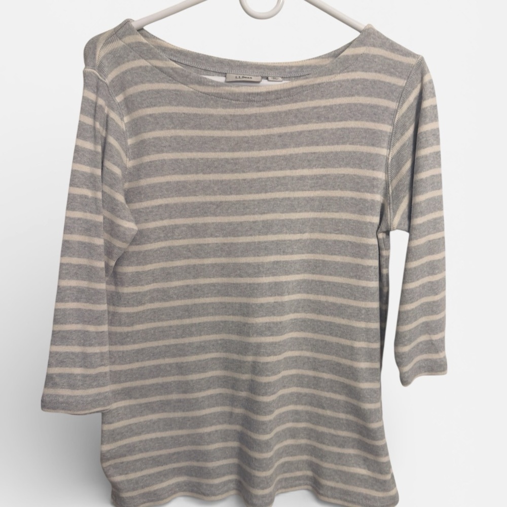 L.L. Bean Women’s Medium Striped Ribbed Knit Top Boat Neck 3/4 Sleeve Classic - Picture 2 of 5